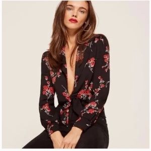 REFORMATION "Dottie" Black Floral Print Cropped Tie-Front Blouse NWOT/sz XS